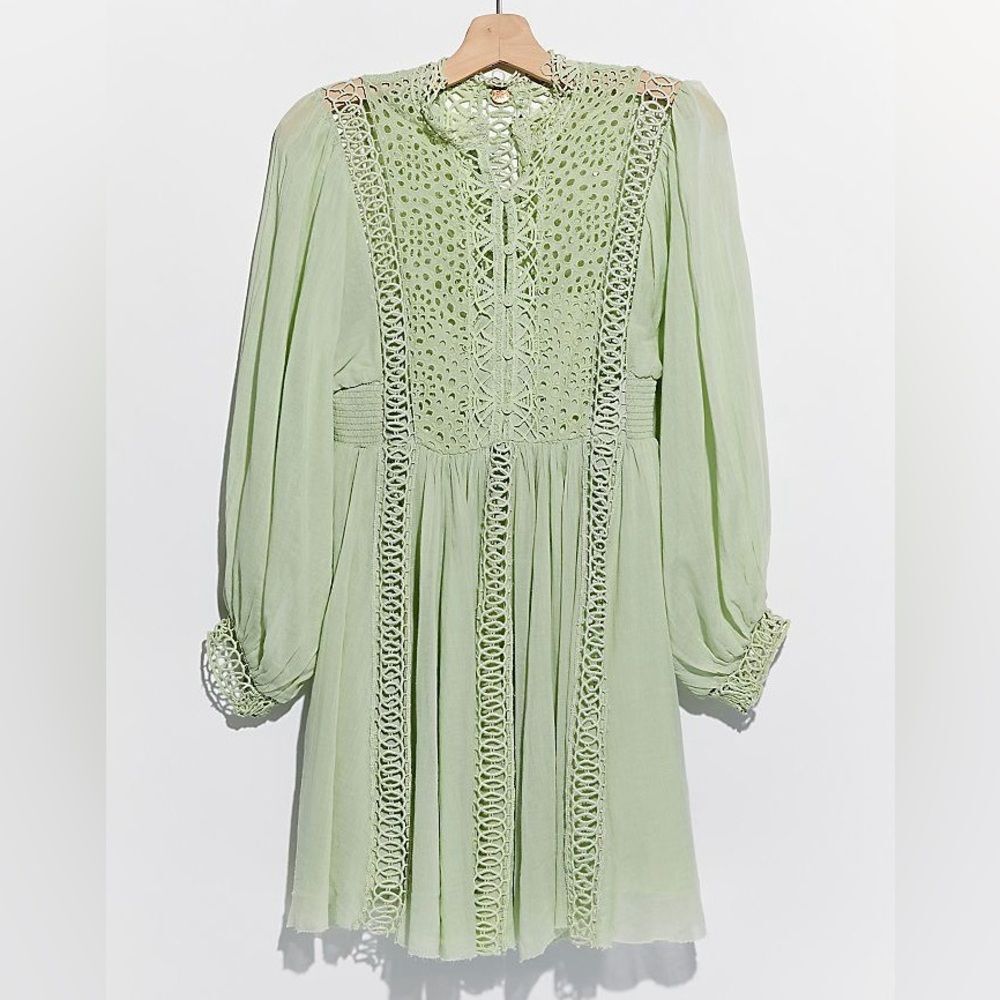 Free People One Karma Lace Mini Dress Light Green Cotton Gauze